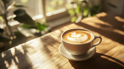 A white coffee cup with a heart design on it sits on a wooden table