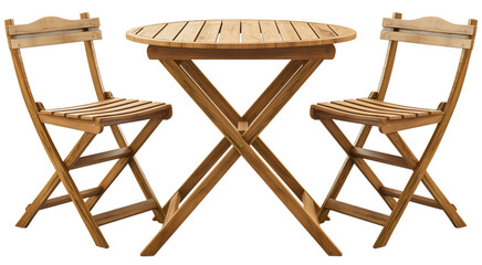 Set of wooden round table and chairs isolated on transparent background. Outdoor garden furniture, home terrace or patio seat decoration, outside relax and rest lifestyle, backyard