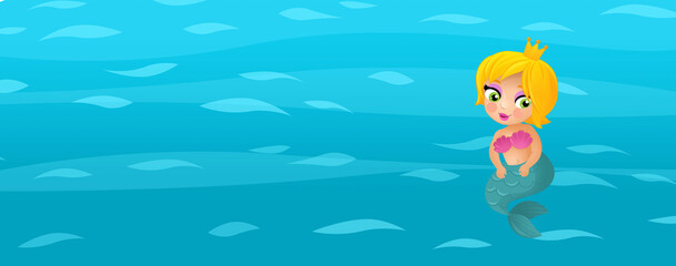 Fototapete - Cartoon ocean and the mermaid in underwater kingdom swimming diving illustration for kids