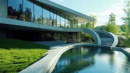 Wall Mural - A large house with a pool and a long staircase