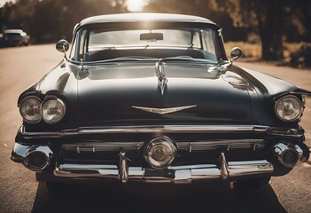 Wall Mural - retro american car ancient antique architecture auto automobile building chrome city classic design drive engine front black historical motor old old-fashioned parked side street