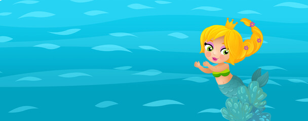 Fototapete - Cartoon ocean and the mermaid in underwater kingdom swimming diving illustration for kids