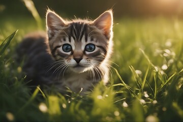 playing grass little cat pet kitten outdoors playful cute garden horizontal lying small ginger animal young