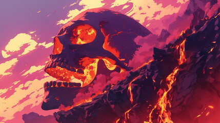 Wall Mural - A skull with fire and lava coming out of it. The skull is surrounded by a mountain and the sky is orange.