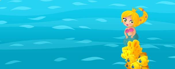 Fototapete - Cartoon ocean and the mermaid in underwater kingdom swimming diving illustration for kids