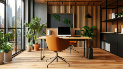 Wall Mural - A modern office with a large window and a black wall