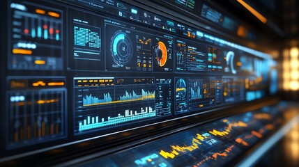 Fototapete - Futuristic digital dashboard with glowing blue and orange data.