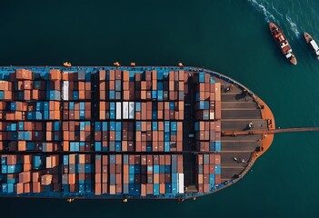 container cargo sea ai ship view aerial ocean shipping transportation logistic export import trade freight vessel maritime blue water horizon international