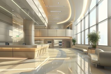 Wall Mural - A spacious, modern hospital lobby with a reception desk, seating area, and large windows