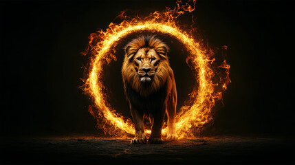 Poster - lion with flame on black background