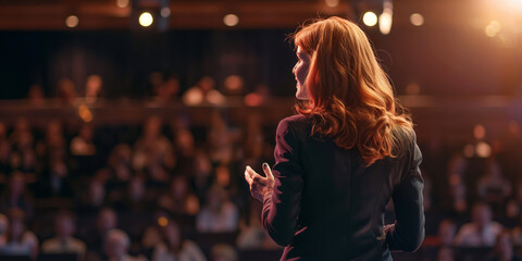 Beautiful female motivational speaker holding a microphone in front on an audience. Woman in a spotlight talking to a crowd.