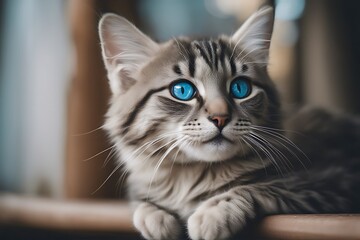 Wall Mural - smiling kitten gray eyes lovely blue cute funny cat portrait tabby fluffy adorable animal baby background beautiful british closeup concept domestic eye face felino friendship fur furry grey hair