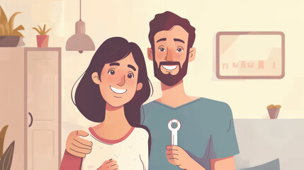 A cartoon couple is holding a baby in their arms