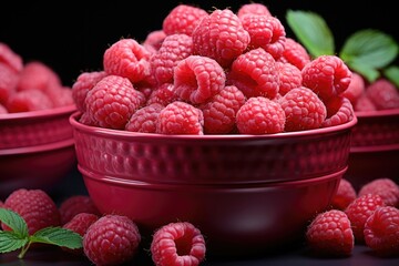 Fresh red raspberries of front view within the small pot in the pink background., generative IA