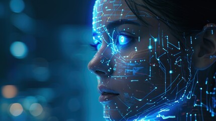 Wall Mural - Female face with glowing blue lines, Artificial intelligence concept. AI generated