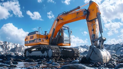 Wall Mural - Powerful Orange Excavator Working on Rocky Mountain Construction Site