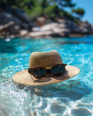 Wall Mural - Sunglasses and straw hat on swimming pool side with clear blue water. 