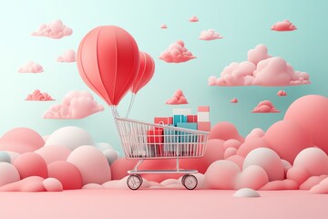 Wall Mural - Shopping Cart Flying With Balloons in a Dreamy Sky.