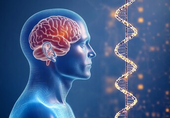 Sticker - Heredity, genotype, genetic code, biological inheritance illustration with brain, nervous system, DNA. Research on hereditary diseases and genome mutations in 3D.