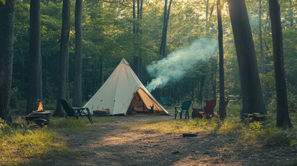 A white teepee is set up in a forest with a fire burning in the middle