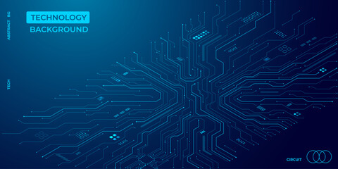 Fototapete - Isometric circuit background in blue. Technology circuit board background. Ai chip, electronics elements, and connected dots. Data tech bg. Abstract vector illustration. Futuristic computer design