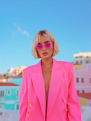 Blonde model in a neon pink suit and matching sunglasses, standing against a vibrant sky. Bold and contemporary fashion statement with a retro vibe.