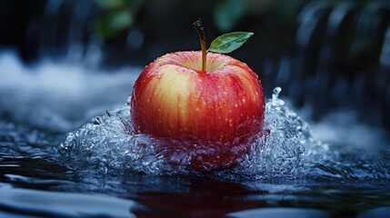 Fresh an apple in streaming splash water on black background