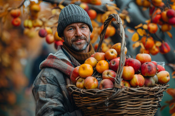 Smiling man in a beanie harvesting apples in an autumn orchard with a large wicker basket