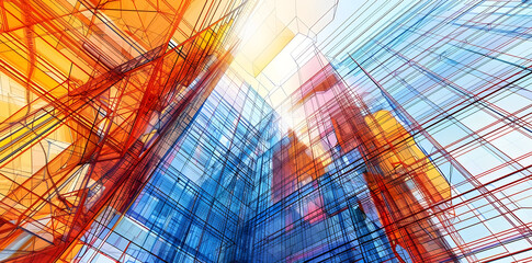 Wall Mural - Abstract 3D Cityscape with Glass Buildings and Lines