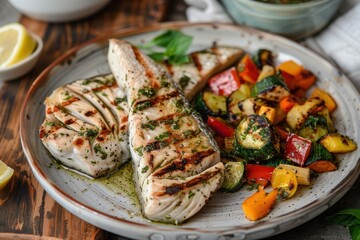 A plate of grilled swordfish steaks, served with a side of roasted vegetables and a drizzle of lemon herb sauce.