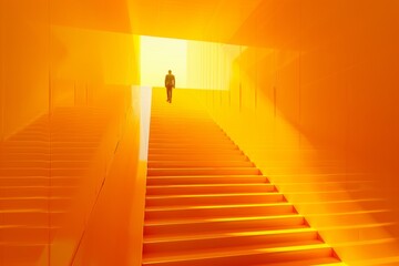 Wall Mural - abstract concept of success shown as a person walking up a golden staircase.