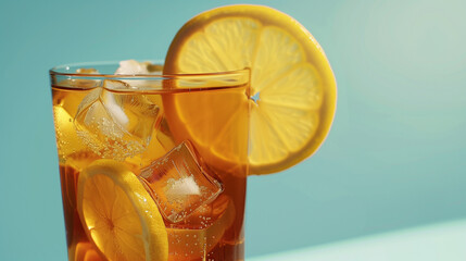 Poster - Glass of iced tea with ice cubes and a slice of lemon on the rim