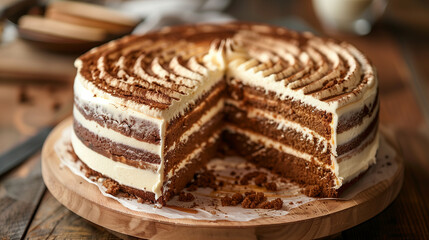 Wall Mural - Whole cake, partially sliced, exposing inner layers, positioned on a wooden table