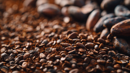 Wall Mural - Close-up of scattered cocoa nibs with whole cocoa beans in the background