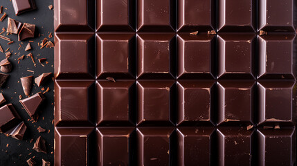 Wall Mural - Dark chocolate bar on a plain background, divided into several small, uniform squares