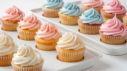 Wall Mural - Multiple cupcakes with uniform frosting, arranged neatly on a plain white tray