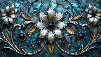 Poster - A detailed floral motif with silver leaves and red gems set against a vibrant turquoise surface