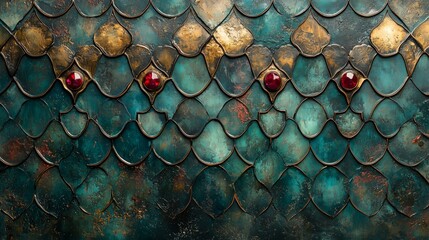 Wall Mural - Intricate metal scales adorned with red gems create a striking artistic composition