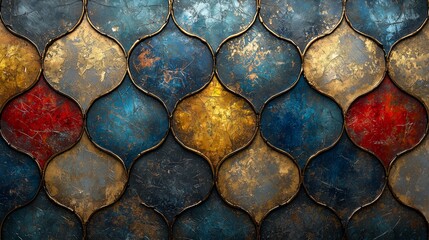 Canvas Print - A decorative wall displays a mosaic of geometric shapes in blue, gold, and red tones, creating an artistic and textured appearance