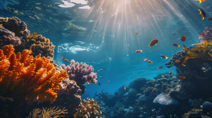 A beautiful underwater scene with a variety of colorful fish swimming around