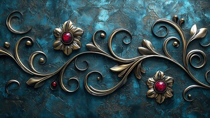 Canvas Print - Intricate floral motifs with metallic elements and red beads on a vivid blue surface create a striking visual composition