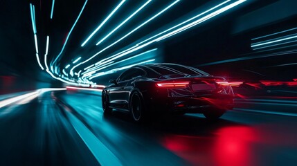 Aufkleber - A black car speeds through a brightly illuminated tunnel, with vibrant blue and red lights creating a dynamic blur.