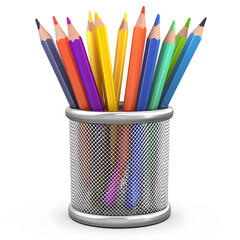 colored pencils and pens in a pencil holder silver isolated from the white or isolated on white background, flat design, png