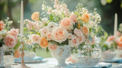 elegant wedding table setting in romantic garden soft floral centerpieces fine china capturing atmosphere of love and celebration