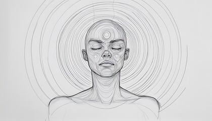 Pencil Line Drawing Highlighting Attention and Mental Health with Serene Expression