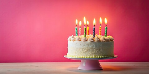 Wall Mural - Birthday cake with 7 candles on pastel red background, birthday, cake, candles, celebration, dessert, sweet, red, seven