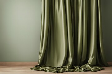 Earthy moss green silk curtain with a natural tone for organic product presentations, AI Generated