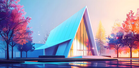 Poster - Modern Architecture Illustration with Trees and a Reflection Pool