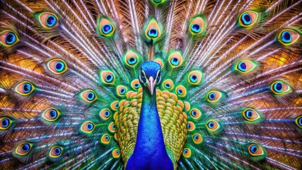 Wall Mural - Beautiful peacock displaying vibrant and intricate wings, peacock, feathers, colorful, beauty, ornate, bird, wildlife, nature