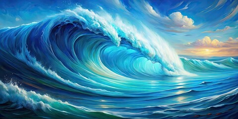 Canvas Print - Blue ocean waves painting with vibrant colors and dynamic movement, blue, ocean, waves, painting,vibrant colors, dynamic